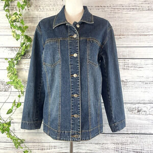 Chico's Denim Jean Barn Jacket size 8 10 1 Stretch Pockets Western Casual Slim